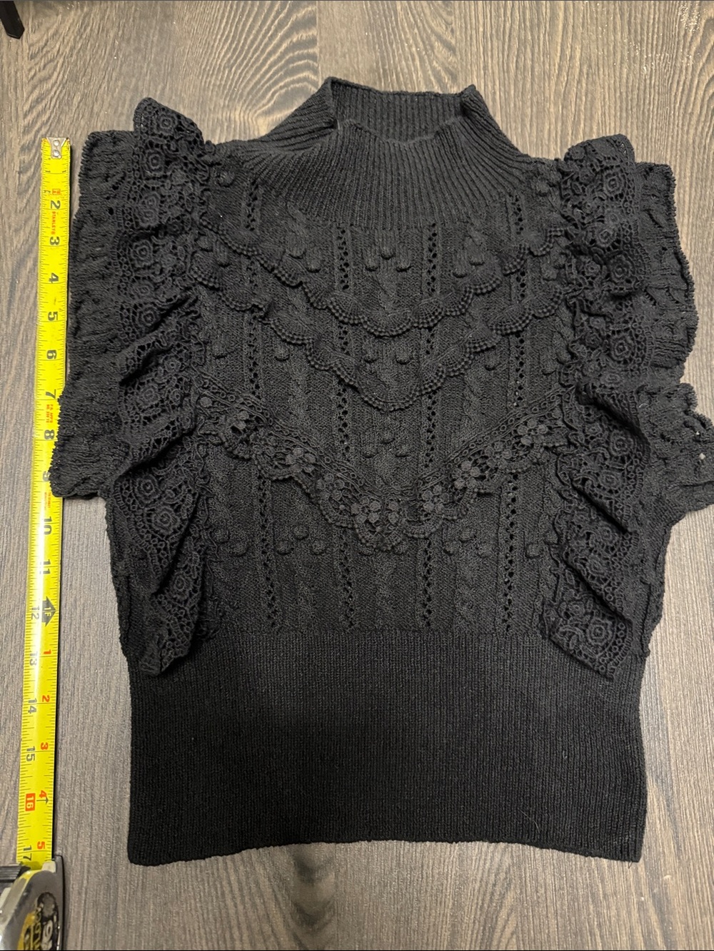 Zara Black Lace & Knit Ruffle Short Sleeve Sweater Top